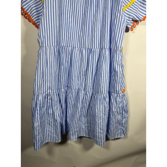 Entro Blue White Stripe Ric Rac Trim Tiered Flutter Sleeve Mini Dress Medium - Picture 8 of 11